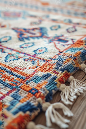 Closeup of an pastel trendy ethnic carpet with traditional patterns, showcasing the texture and colors on a wooden surface