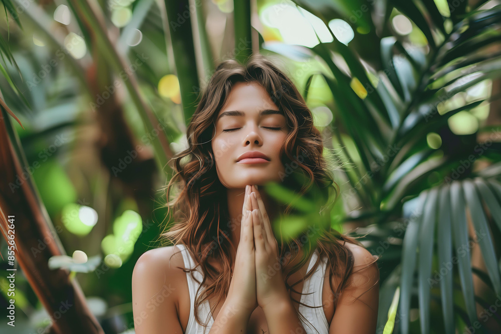 woman praying in a tropical garden, meditating with her eyes closed and hands folded together in the style of peace woman praying in a tropical garden, meditating with her eyes closed and hands folded together in the style of peace