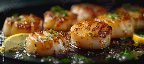 Close Up of Pan Seared Fresh Scallops with Herbs photo