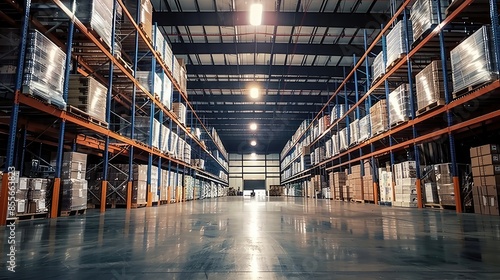Large warehouse with rows of shelves and racks in a large industrial warehouse
