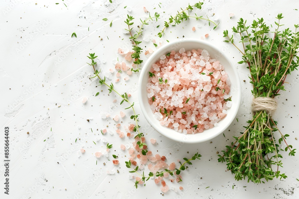 Photo of a bowl with pink sea salt and fresh thyme on a white background, in a top view, flat lay. On the right side there are tied together bunches of herbs. Minimalistic stock photo, with a high key Photo of a bowl with pink sea salt and fresh thyme on a white background, in a top view, flat lay. On the right side there are tied together bunches of herbs. Minimalistic stock photo, with a high key
