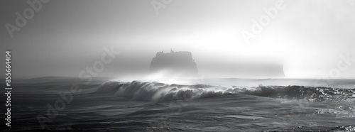 The silhouette of a distant island emerges from the misty dawn sea, shrouded in mystery and allure photo