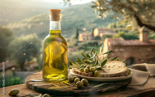 Traditional mediterranean setting featuring olive oil in a glass bottle with fresh bread and olives on a wooden table at sunset