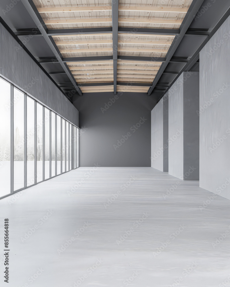Fototapeta premium Empty warehouse storage space in grey neutral tones with copy space. Commercial Real Estate concept image.