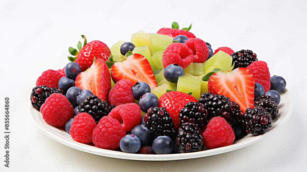 Vibrant plate of assorted fruits arranged beautifully on a white background. Vibrant plate of assorted fruits arranged beautifully on a white background.