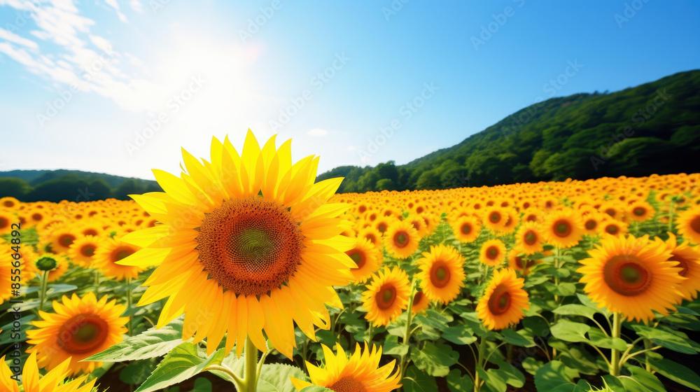 Fototapeta premium Breathtaking sunflower field basking in golden sunlight against clear blue sky, creating a stunning and uplifting sight.