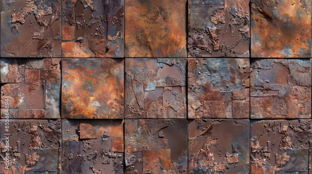 Rusty patina covers weathered metal, revealing rough and uneven texture Rusty patina covers weathered metal, revealing rough and uneven texture