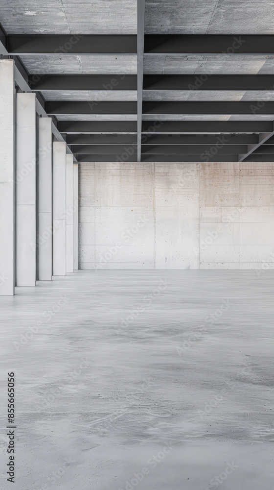 Fototapeta premium Empty warehouse storage space in grey neutral tones with copy space. Commercial Real Estate concept image.