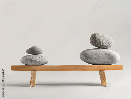 a group of rocks on a wooden bench photo