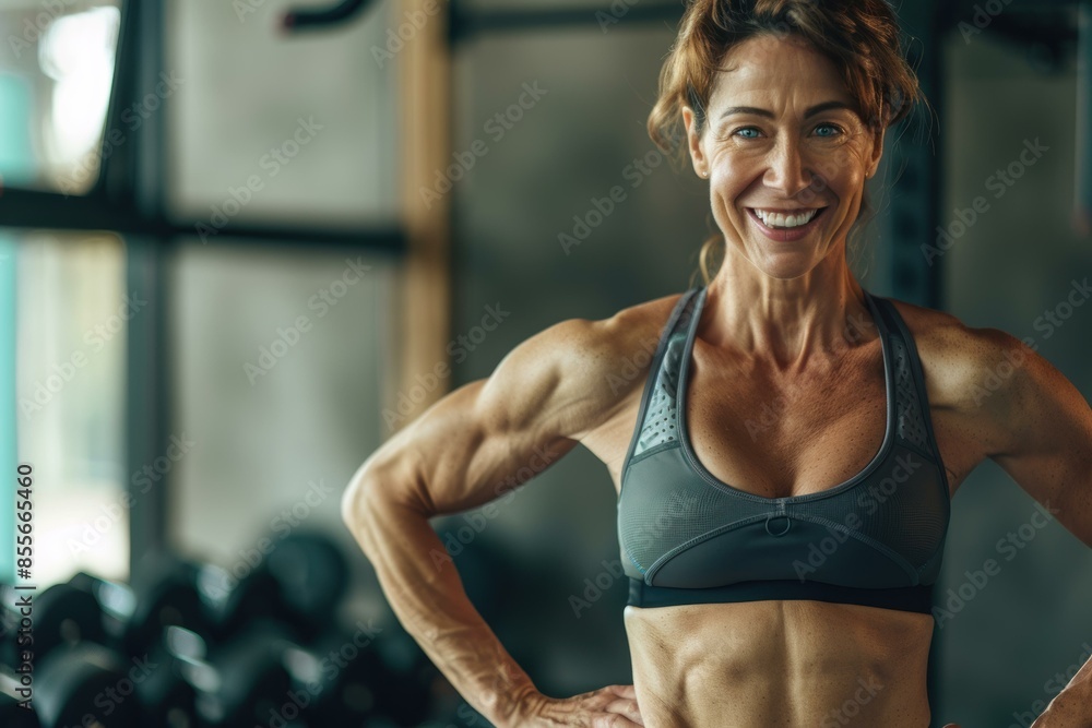 A fit, healthy-looking woman in her 50s, smiling confidently at the gym, demonstrating strength and vitality. A fit, healthy-looking woman in her 50s, smiling confidently at the gym, demonstrating strength and vitality.