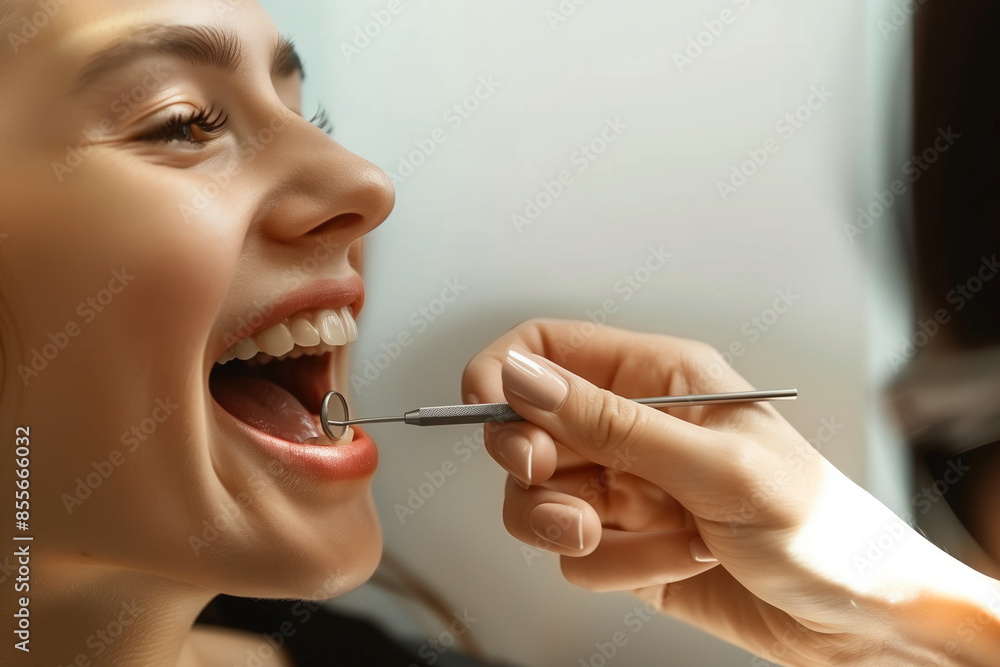 Obraz premium person lying in dental chair while dentist holding dental tools, dental cleaning, teeth, dentist, prophylaxe, the dentist examines his mout, dental treatment
