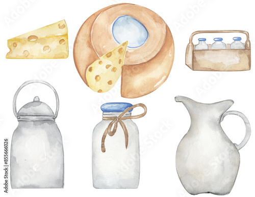 Photos Watercolor milkman elements illustration, milk and milk bottles, can, jug, chees