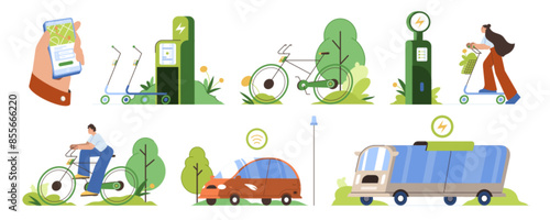 Set of eco friendly public transport. Sustainable transportation concept. Electric car, scooter, bicycle and charging station flat vector illustration. Vehicle or bike rental service using mobile app.