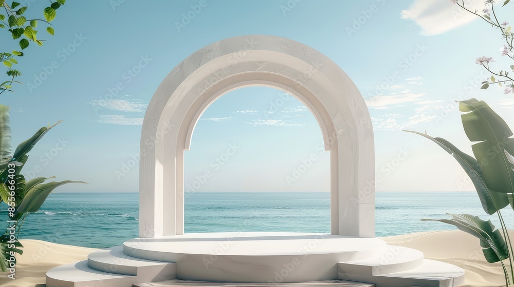 3d render of white podium for product display on the beach. 3d render of white podium for product display on the beach.