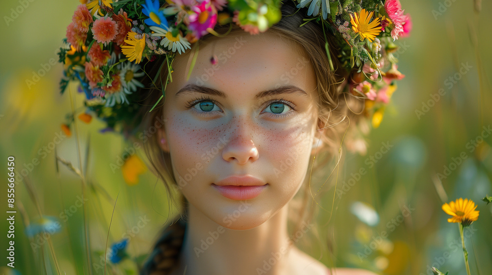 A young woman, with a delicate flower crown, stares intently at the camera. The image captures the beauty of a summer day, with blooming wildflowers in the background A young woman, with a delicate flower crown, stares intently at the camera. The image captures the beauty of a summer day, with blooming wildflowers in the background