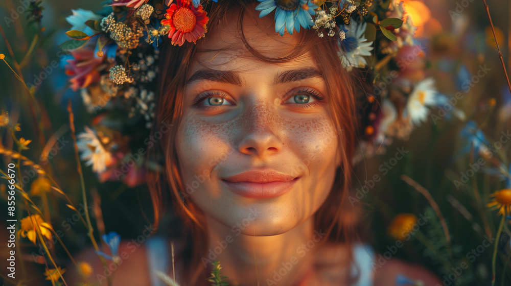 A young woman with freckles and a flower crown smiles softly, bathed in warm sunlight amidst a field of wildflowers A young woman with freckles and a flower crown smiles softly, bathed in warm sunlight amidst a field of wildflowers