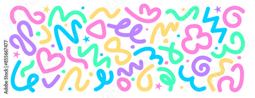 Colorful squiggly line, abstract squiggles in doodle style. Color hand drawn various shapes, strokes and stars. Freeform childish bold scribbles. Trendy design elements for children party celebration.