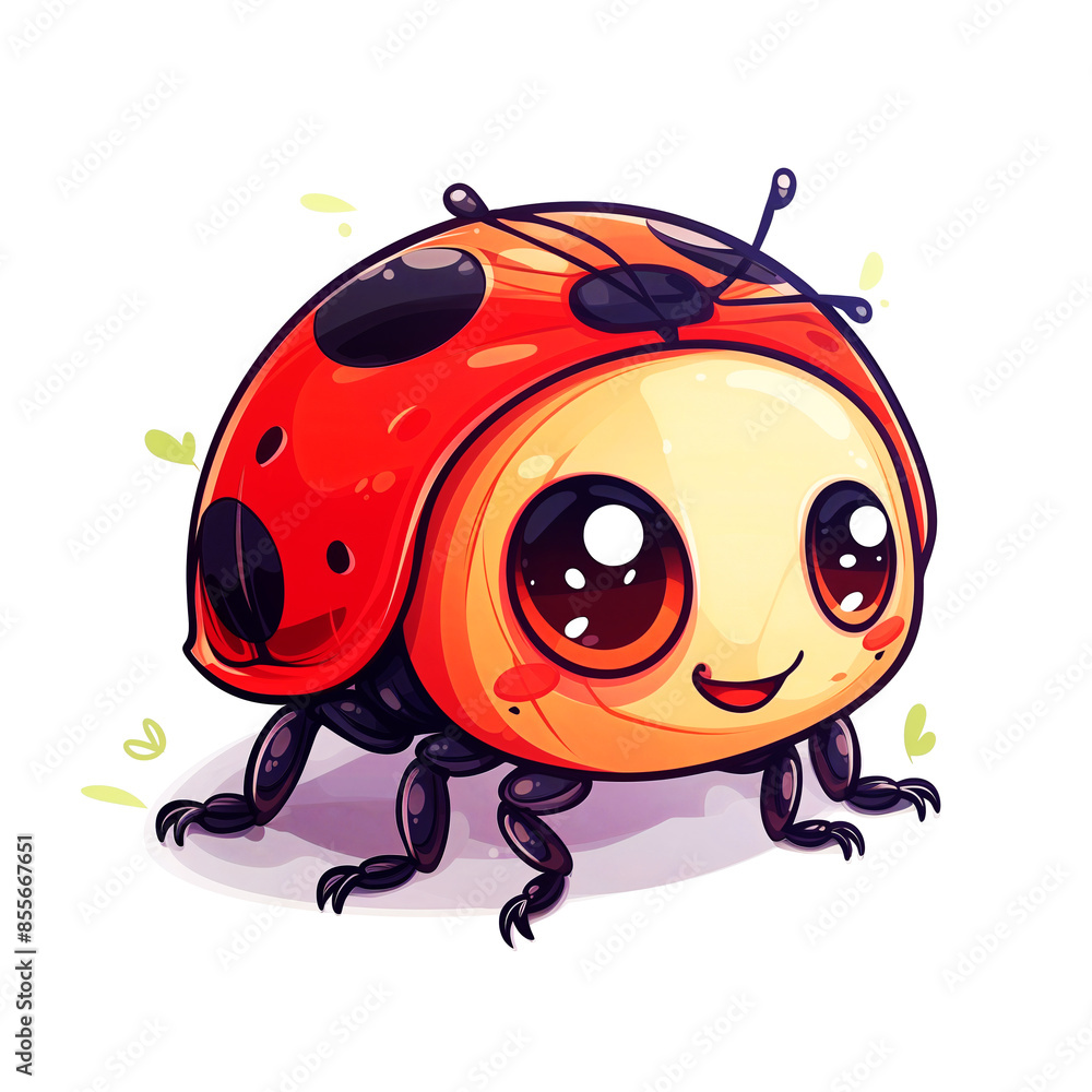 Fototapeta premium Adorable hand-drawn cartoon ladybug with big expressive eyes and a vibrant red shell, perfect for children's book illustrations and educational material