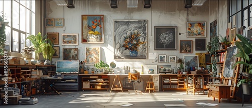 3D Model, Art Studio Session, Artists creating and expressing themselves freely in a welcoming and safe studio space, displaying their artwork., Perspective View