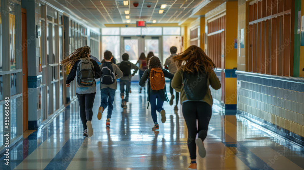 Happy schoolchildren run along the corridor at school. Back to school. Happy schoolchildren run along the corridor at school. Back to school.