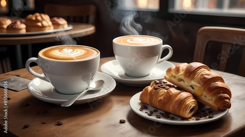 Cozy cafe with steaming cups of coffee and pastries