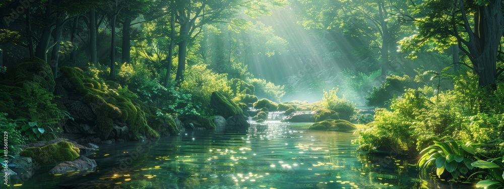 Digital artwork featuring a lush forest scene against a backdrop of verdant green wallpaper, immersing viewers in the tranquility of nature. Digital artwork featuring a lush forest scene against a backdrop of verdant green wallpaper, immersing viewers in the tranquility of nature.