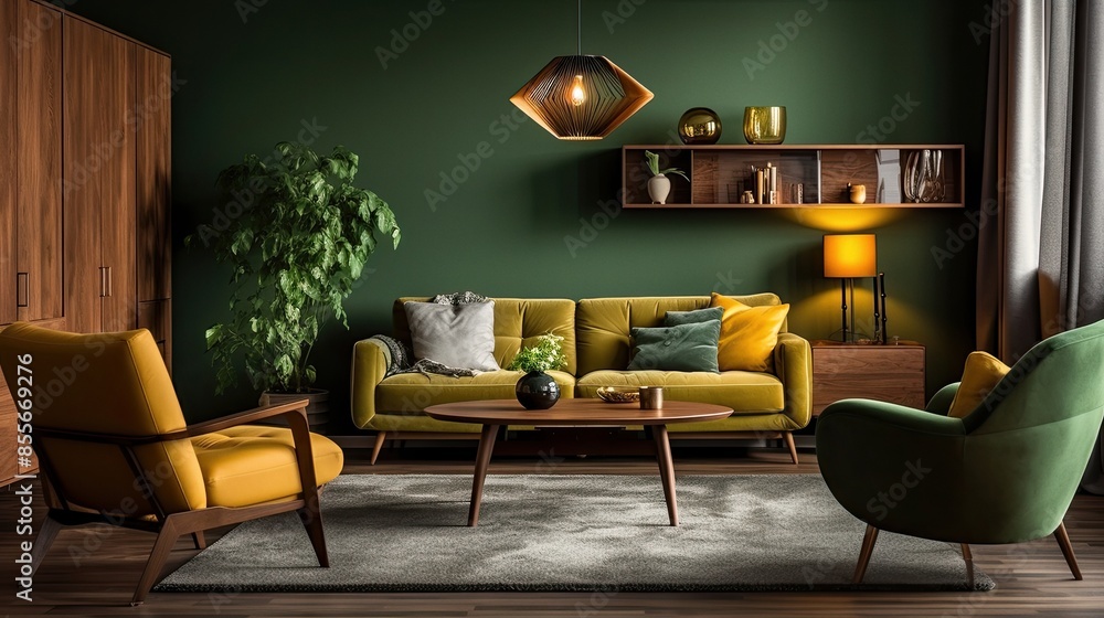 Obraz premium Elegant and cozy living room interior brown and green colored furniture and wooden elements