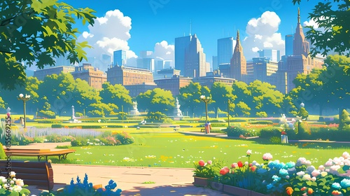 Urban Nature Landscape. Green lawns, blooming flowers, and a city skyline. Vibrant urban nature. photo