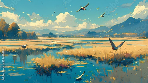 Marshland Background. Tall reeds, still waters, and diverse waterfowl. Peaceful marshland landscape.