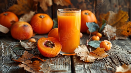 Persimmon juice in an elegant glass, persimmons and leaves, warm autumn tones, rustic table