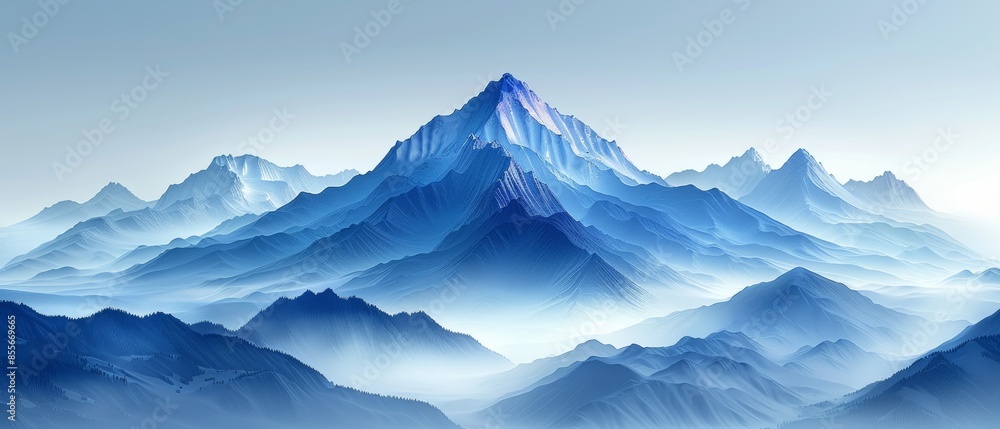 Fototapeta premium Minimalistic mountain landscape illustration in shades of blue.