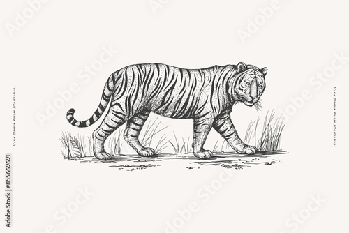 African tiger in the grass in engraving style. Big wild cat hand drawn on a light background. Predatory wild animal of the savannah in vintage style. Vector retro illustration.