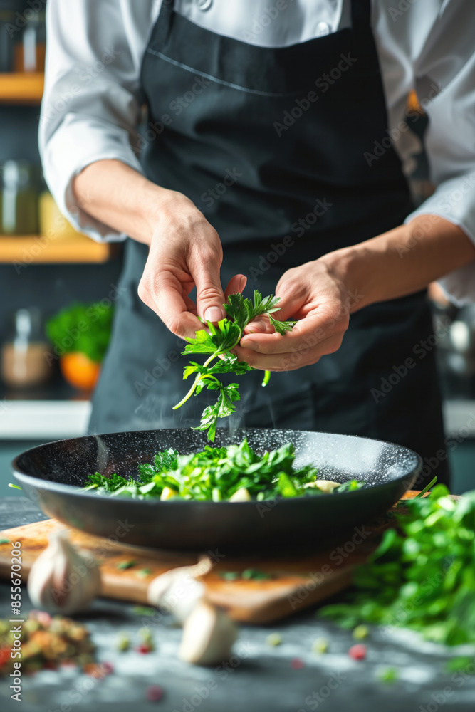 Chef adding fresh parsley to a salad in a black bowl in a kitchen setting. Chef adding fresh parsley to a salad in a black bowl in a kitchen setting.