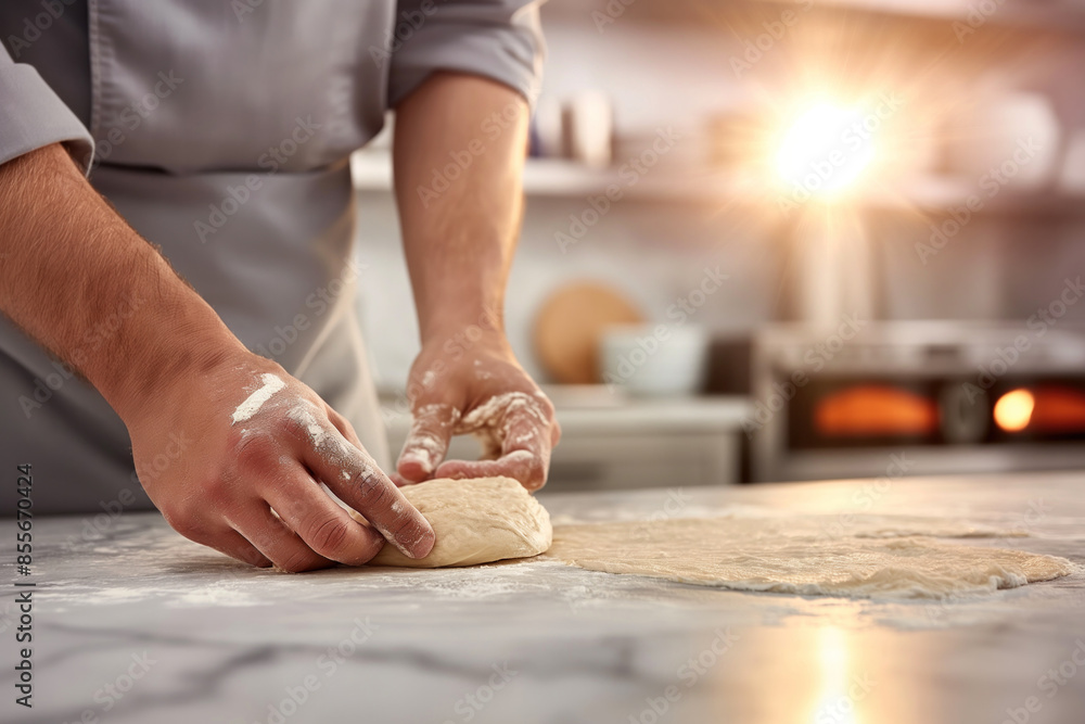 A person in a chef's uniform stretching dough on a floured marble countertop in a professional kitchen.. A person in a chef's uniform stretching dough on a floured marble countertop in a professional kitchen..