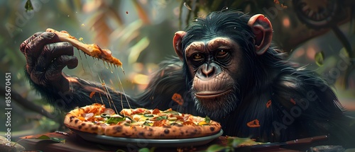 Doodle art, Italian Primate Feast, Create a story about a primate who becomes an expert in Italian cuisine, especially pizza., polychromatic photo