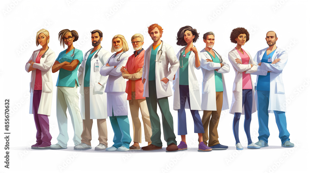 Group of diverse medical professionals, including doctors and nurses, standing together, showcasing unity and collaboration in the healthcare sector. Group of diverse medical professionals, including doctors and nurses, standing together, showcasing unity and collaboration in the healthcare sector.