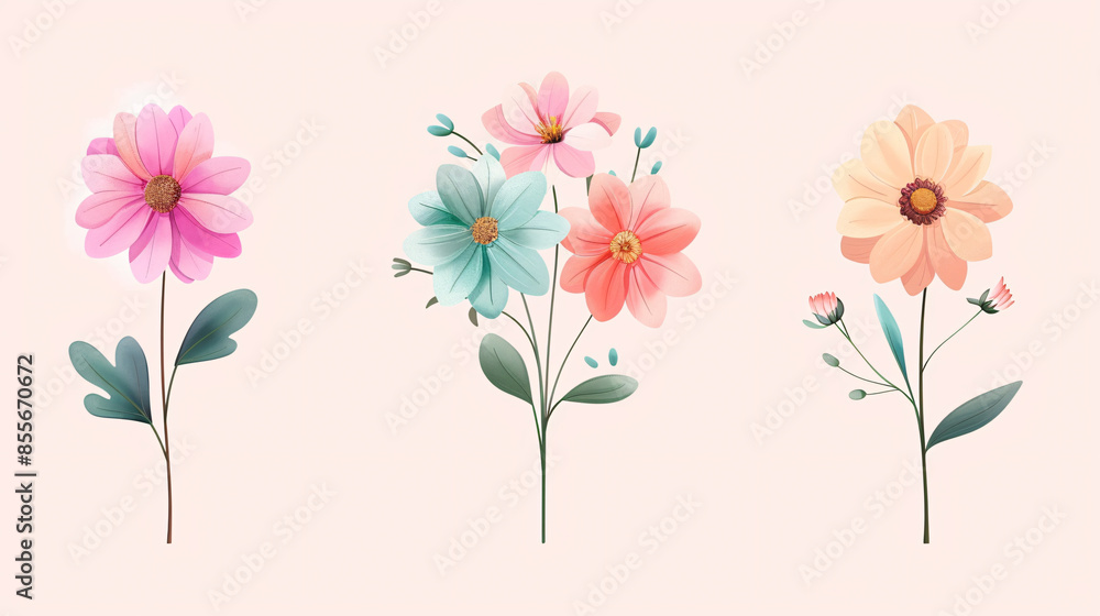 Naklejka premium A set of three watercolor flower illustrations in pink, blue, and yellow. The flowers are delicate and elegant.