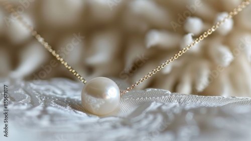A delicate, handmade piece of jewelry with a single pearl on a thin gold chain, displayed on a white background, showcasing the understated elegance and refined simplicity of the d photo