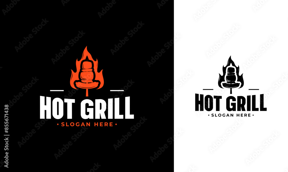 Hot grill logo design. BBQ time symbol with sausage, cutlets and fire concept Hot grill logo design. BBQ time symbol with sausage, cutlets and fire concept