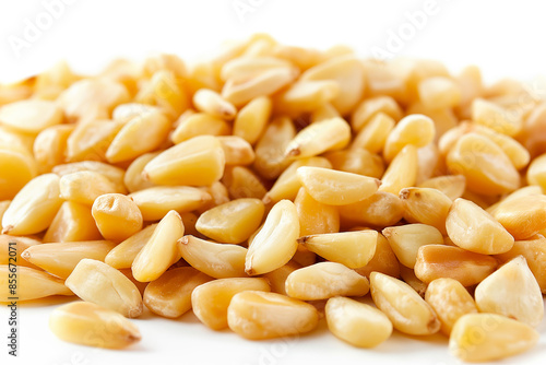 Close-up of shelled and unshelled Pine nuts isolated on a white background, showcasing their texture photo