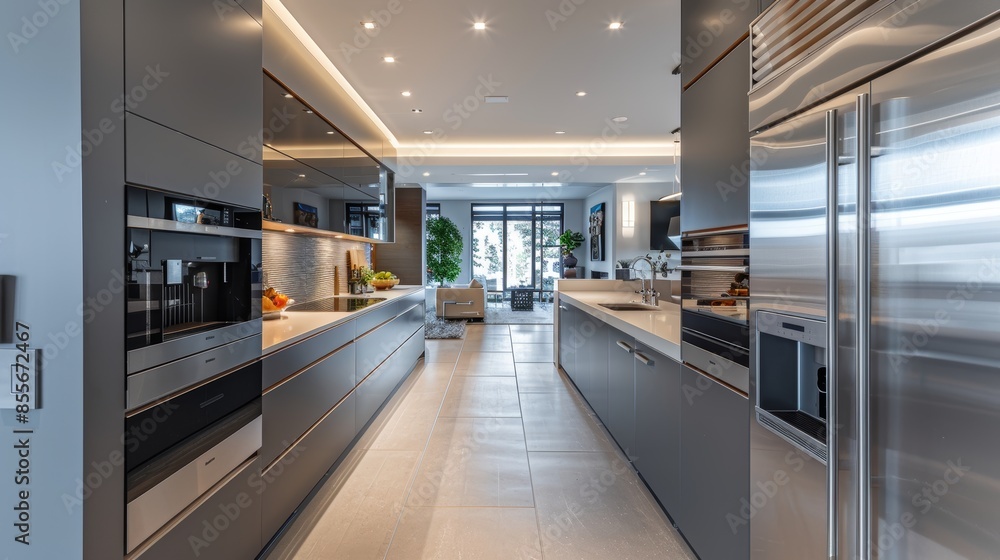 An austere, modern kitchen with sleek cabinets, stainless steel appliances, and a minimalist design, creating a clean and organized space. An austere, modern kitchen with sleek cabinets, stainless steel appliances, and a minimalist design, creating a clean and organized space.