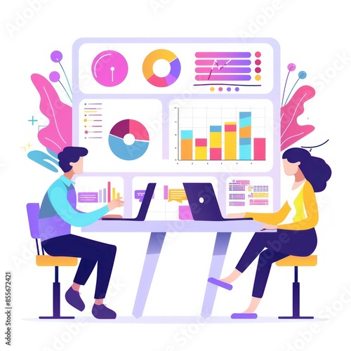 flat design illustration of business people in a presentation with displays data analysis statistic board