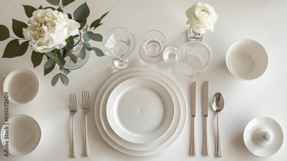 Elegant and simple white dinner table setting with neatly arranged fine china, silverware, and a single flower in a vase. Elegant and simple white dinner table setting with neatly arranged fine china, silverware, and a single flower in a vase.