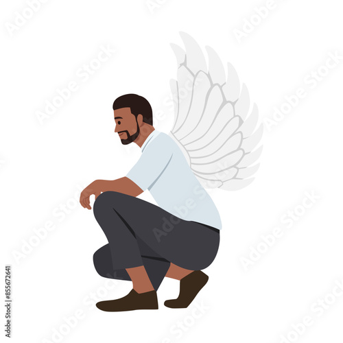 Beautiful and self confident businessman with wings. Kneeling down. Flat vector illustration isolated on white background