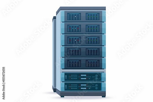 A server rack clipart, internet data center element, vector illustration, blue and grey, isolated on white background
