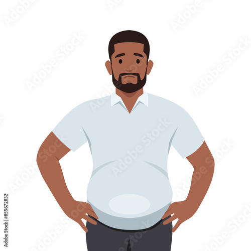 Young bearded man worried about belly fat. Flat vector illustration isolated on white background