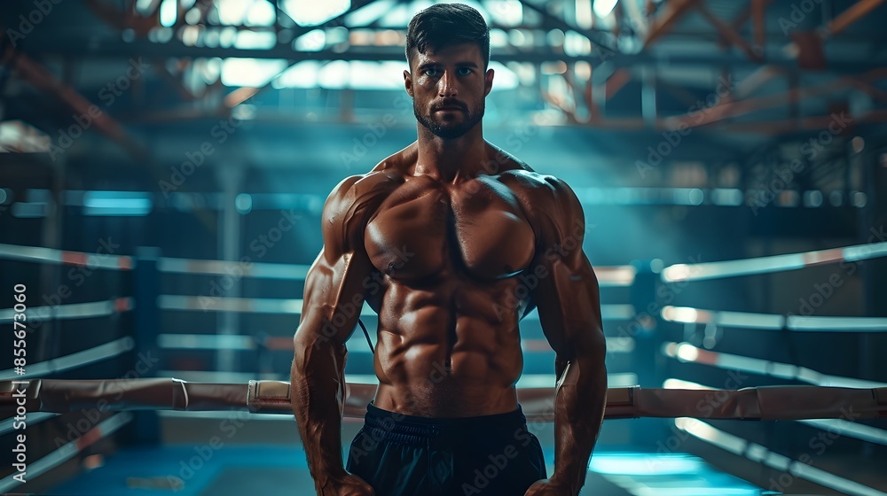 Powerful Muscular Bodybuilder Posing Confidently in Boxing Ring Powerful Muscular Bodybuilder Posing Confidently in Boxing Ring
