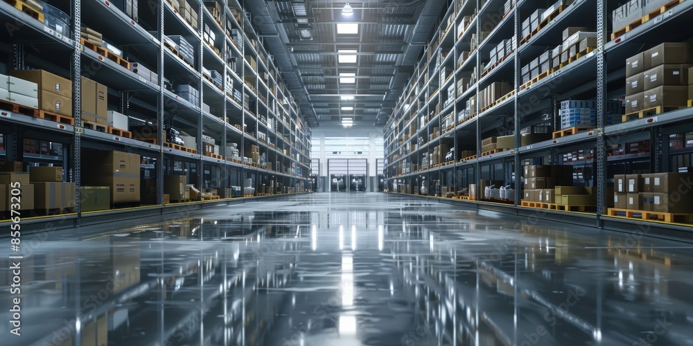 Spacious Warehouse with Rows of Shelves and Bright Lights Spacious Warehouse with Rows of Shelves and Bright Lights