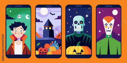 There are four cell phones displaying Halloween images on them