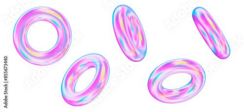 3d set of holographic geometric shape torus. Metal simple figure for your design. Stock vector illustration on isolated background.		
